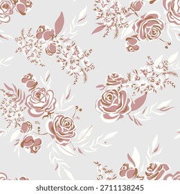 A seamless floral pattern of hand-drawn roses and foliage in dusty pink and white tones on a light grey background. Ideal for textiles, wallpaper, and feminine design projects