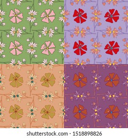 Seamless floral pattern of hand-drawn stylized flowers in four different unusual color palettes, high resolution