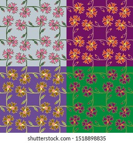 Seamless floral pattern of hand-drawn stylized flowers in four different unusual color palettes, high resolution