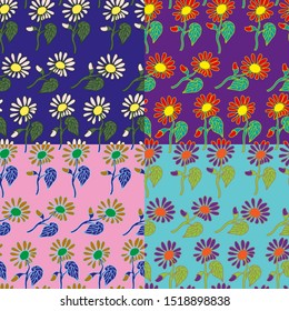 Seamless floral pattern of hand-drawn stylized flowers in four different unusual color palettes, high resolution
