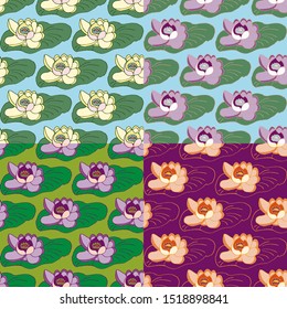 Seamless floral pattern of hand-drawn stylized flowers in four different unusual color palettes, high resolution