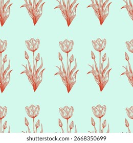  Nahtloses Blumenmuster mit handgezeichneten Tulpen. Eleganter botanischer Hintergrund im Vintage-Stil in Rot- und Minzfarben.
