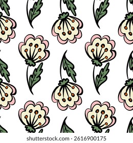 Seamless floral pattern with hand-drawn whimsical cream and pink flowers and green leaves, playful botanical design perfect for spring textiles, stationery, fabric, wallpapers, and wrapping paper