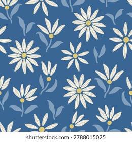 Seamless floral pattern with hand-drawn white daisies and soft blue leaves on a muted blue background. Perfect for fabric, wallpaper, wrapping paper, textile prints, stationery, and surface design.