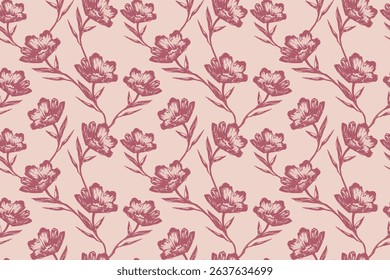 Seamless floral pattern with hand-drawn wildflowers on soft beige background. Vintage botanical style with red-pink flowers and delicate branches. For fabric, wallpaper, wrapping paper.