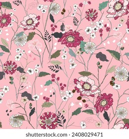 Impresionante estampado floral, a la moda artesanal para el diseño de tejidos, decoración, cerámica, tarjetas de felicitación sobre fondo rosa