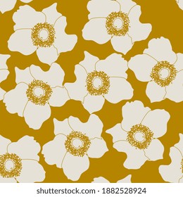 Seamless floral pattern with heads of anemone flowers. Black silhouettes on yellow background.