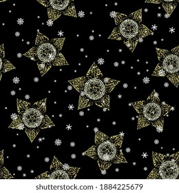 Seamless floral pattern with heads of Stapelia Variegata (or Orbea variegata) flower and snowflakes. Starfish Plant. Succulent blossom. Christmas seasonal design.