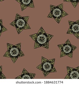 Seamless floral pattern with heads of Stapelia Variegata (or Orbea variegata) flower. Starfish Plant. Succulent blossom.