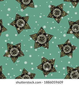 Seamless floral pattern with heads of Stapelia Variegata (or Orbea variegata) flower and snowflakes. Starfish Plant. Succulent blossom. Christmas seasonal design.