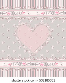 Seamless floral pattern with heart, roses and laces. Vintage background, border, greeting card.