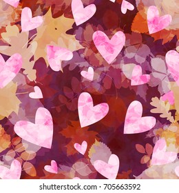 Seamless floral pattern with hearts. Abstract background with foliage for web page, banners, fabric, wrapping. Oak fallen leaves, birch, alder, beech, maple, aspen Pink, brown colors. Autumn mood