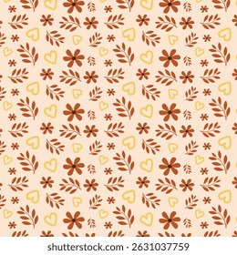 Seamless floral pattern with hearts and leaves in warm autumn colors, cozy vibes, brown, and beige