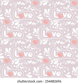 seamless floral pattern with hearts and Love lettering