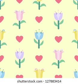 Seamless floral pattern with hearts on yellow background
