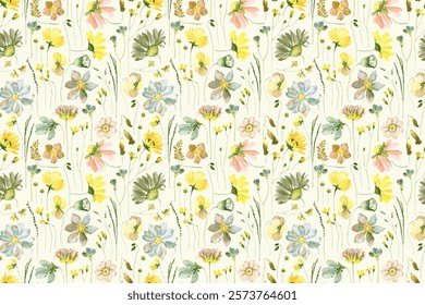 Seamless floral pattern in herbarium style with colored flowers and abstract branches, watercolor illustration for summer textile, cover or wallpapers.