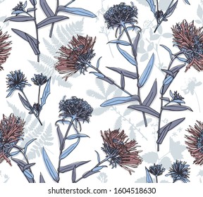 Seamless floral pattern. Herbarium wildflowers, cornflowers, herbs flowers and leaves. Textile composition, hand drawn style print. Vector illustration.