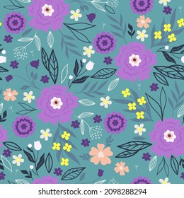 Seamless floral pattern with herbs and flowers. Vector graphics.