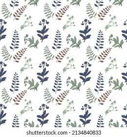 Seamless floral pattern with herbs and flowers on a bluish background.
