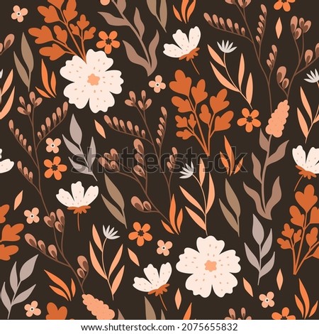 Seamless floral pattern with herbs and flowers. Vector graphics.