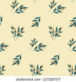 Seamless floral pattern and herbs in rustic style  Simple botanical background  floral print and wild plants  small tassels flowers  leaves branches  Vector illustration 