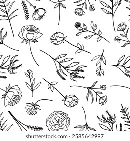 Seamless floral pattern with herbs, wildflowers, flowers, twigs .Vector illustration for wedding invitations, wallpaper, textile, wrapping paper.