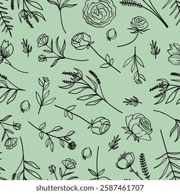 Seamless floral pattern with herbs, wildflowers, flowers, twigs .Vector illustration for wedding invitations, wallpaper, textile, wrapping paper.