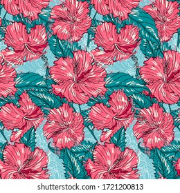 Seamless floral pattern with hibiscus flowers and leaves. Vector illustration