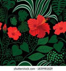 Patrón floral sin foco, flores de hibisco y plantas tropicales.