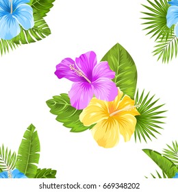 Seamless Floral Pattern with Hibiscus Flowers and exotic Plants. Fashion Textile. Beautiful Texture - Illustration Vector