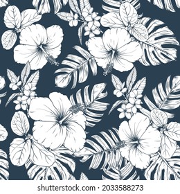 Seamless floral pattern Hibiscus and frangipani flowers abstract background.Vector illustration hand drawning.For fabric print design texture