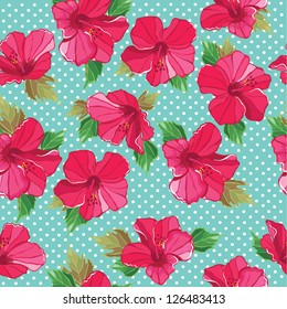 Seamless floral pattern with hibiscus, hand-drawing. Vector illustration.