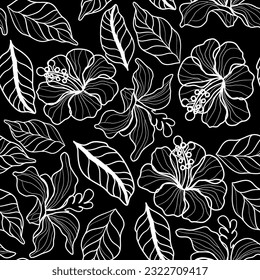 Seamless floral pattern with hibiscus and leaves in doodle technique vector illustration 