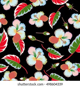 Seamless floral pattern with hibiscus, leaves and buds on a black background. Vector abstract multicolored floral background. Multicolor seamless flower pattern.