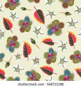 Seamless floral pattern with hibiscus, leaves and buds on a beige background. Vector abstract multicolored floral background. Multicolor seamless flower pattern.