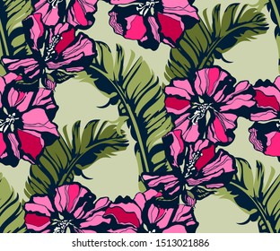 Seamless floral pattern with hibiscus and palm leaf decorative background. Ethnic seamless pattern ornament. Vector pattern.  