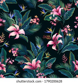 seamless floral pattern with hibiscus and palm tree leaves on black background