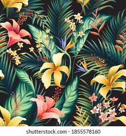 seamless floral pattern with hibiscus and plumeria on black background