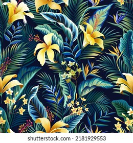 seamless floral pattern with hibiscus and plumeria and palm tree leaves