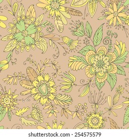 Seamless floral pattern. High detail flower buds, petals, shoots, buds and tendrils. Can be used for curtains, wallpaper, pattern fills, web page background, surface textures.