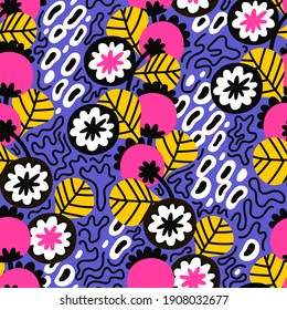 Seamless floral pattern in hippie retro style. Can be used for printing on fabric and paper and other surfaces. Seamless background pattern. 