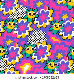 Seamless floral pattern in hippie retro style. Can be used for printing on fabric and paper and other surfaces. Seamless background pattern. 