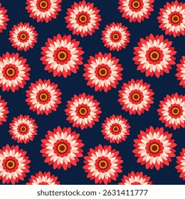 Padrão floral perfeito no estilo retro hippie com flores gerbera margaridas, fundo colorido vetor, design para impressão têxtil, papel de parede, embalagem.