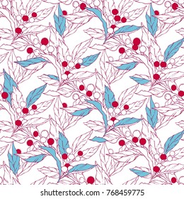 Seamless floral pattern with holly berries and branches