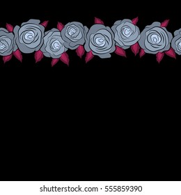 Seamless floral pattern with horizontal little abstract roses in neutral and magenta colors, vector illustration in vintage style with copy space (place for your text).