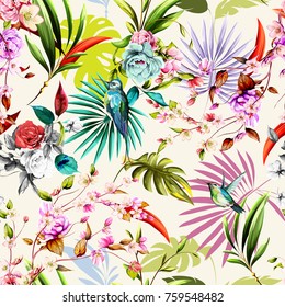 Seamless floral pattern with humming bird, flowers and leaves on white tropical background. Hand drawn, vector - stock.