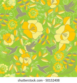 Seamless floral pattern with humming birds - vector