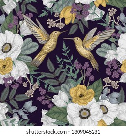 Seamless floral pattern with hummingbirds. Vector vintage illustration. Perfect for wallpaper, greeting cards, invitations, decoration etc.