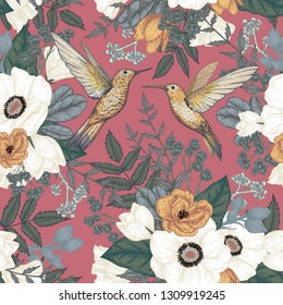 Seamless floral pattern with hummingbirds. Vector vintage illustration. Perfect for wallpaper, greeting cards, invitations, decoration etc.