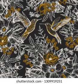 Seamless floral pattern with hummingbirds. Vector vintage illustration. Perfect for wallpaper, greeting cards, invitations, decoration etc.